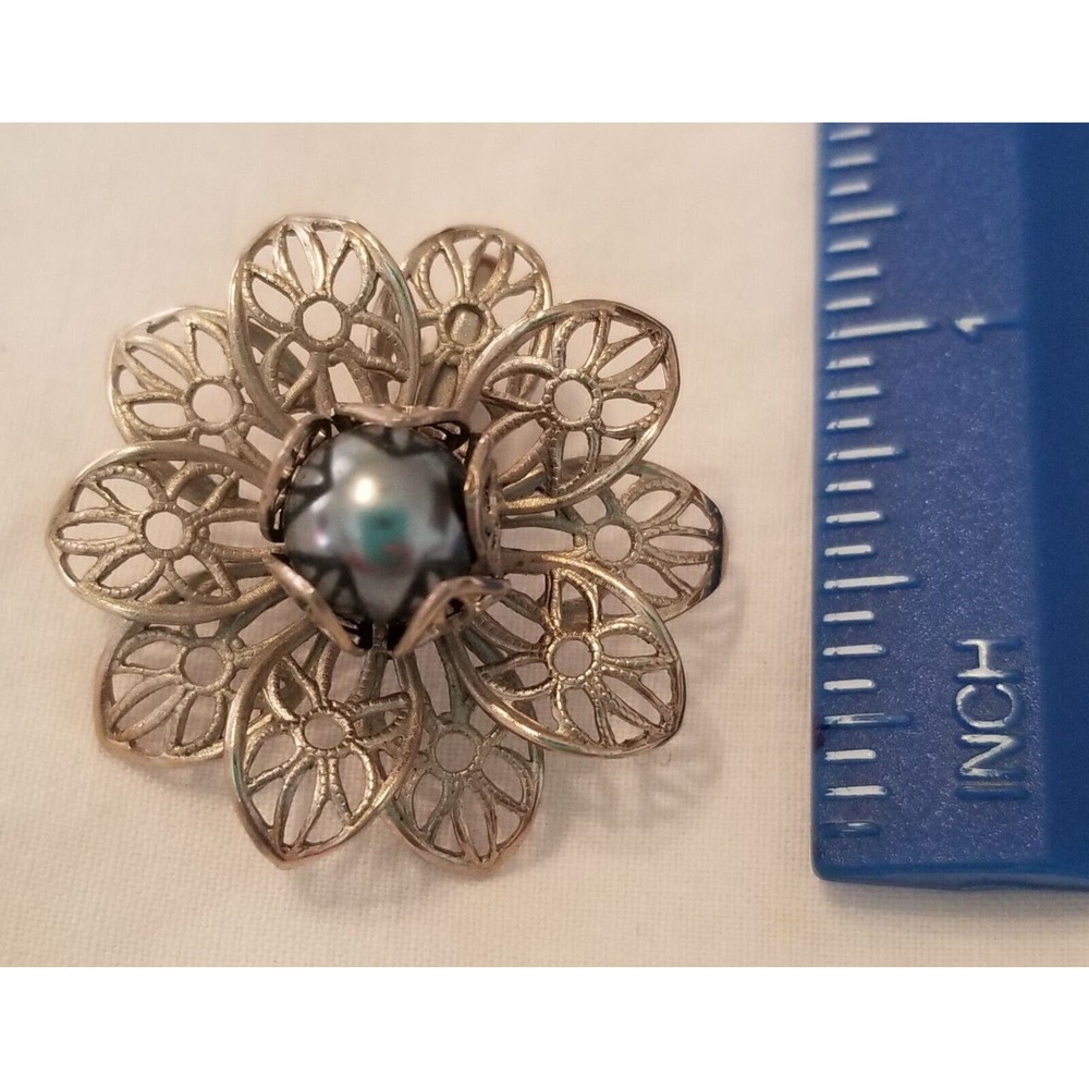 Vintage Silver-tone Filigree & Faux Black Pearl Clip-on Floral Earrings - Picture 3 of 5